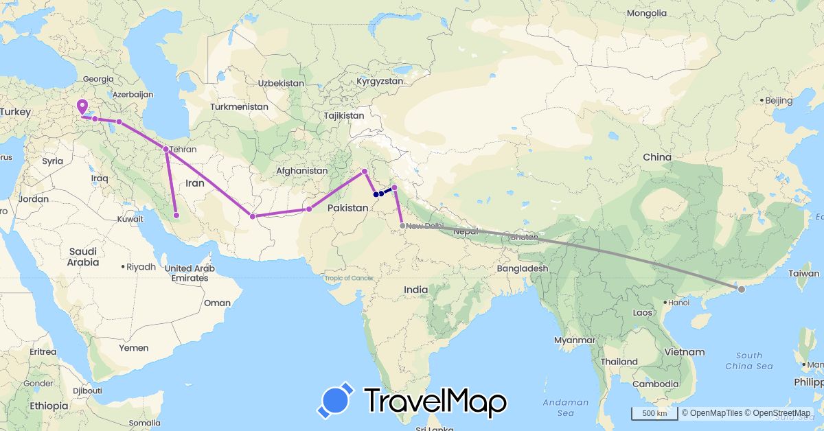 TravelMap itinerary: driving, plane, train in China, India, Iran, Pakistan, Turkey (Asia)